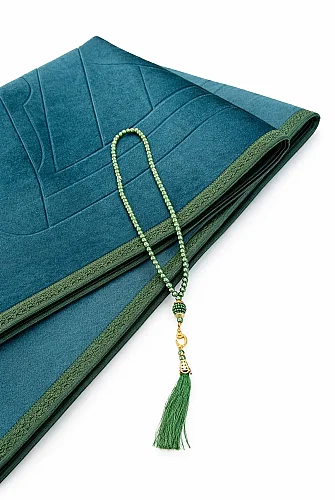 Yumuşak Kadife Dokulu Mihrap Desenli Peluş Seccade Yeşil - 5