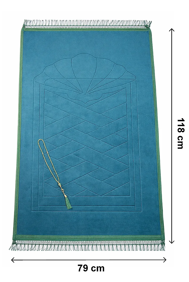 Yumuşak Kadife Dokulu Mihrap Desenli Peluş Seccade Yeşil - 6