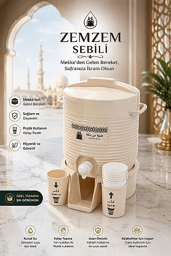 Zemzem Sebili Musluklu Plastik Su Sebili Bardak Hazneli - Krem - 1