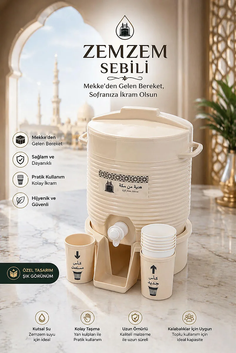 Zemzem Sebili Musluklu Plastik Su Sebili Bardak Hazneli - Krem - 1