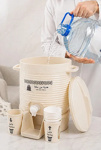 Zemzem Sebili Musluklu Plastik Su Sebili Bardak Hazneli - Krem - ihvanonline (1)