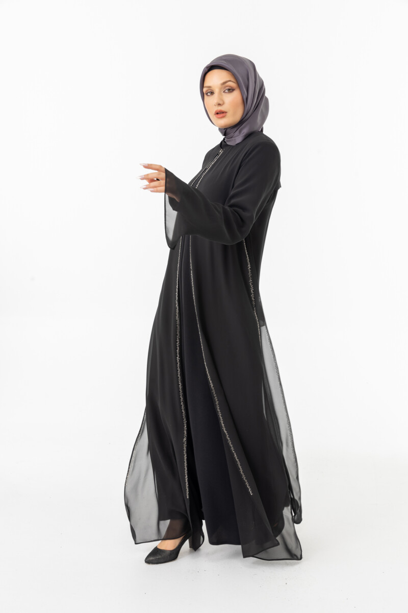 ZERENAY 5522-25 SİYAH KAZ AYAĞI JAKARLI ABAYA - 1