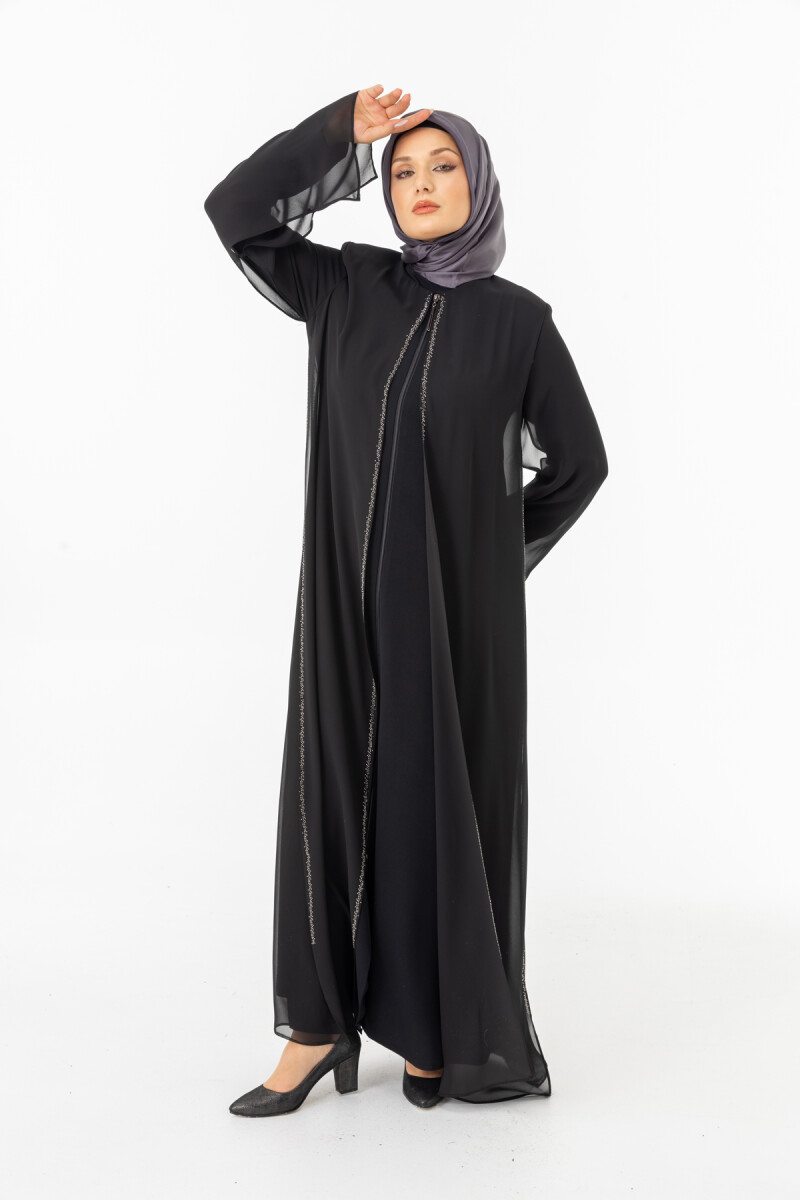 ZERENAY 5522-25 SİYAH KAZ AYAĞI JAKARLI ABAYA - 2