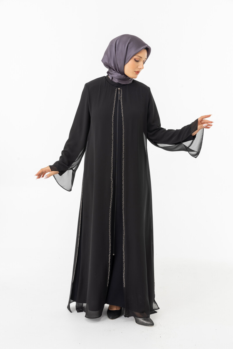 ZERENAY 5522-25 SİYAH KAZ AYAĞI JAKARLI ABAYA - 3