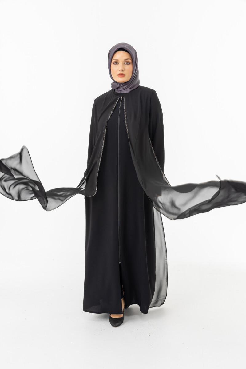 ZERENAY 5522-25 SİYAH KAZ AYAĞI JAKARLI ABAYA - 5