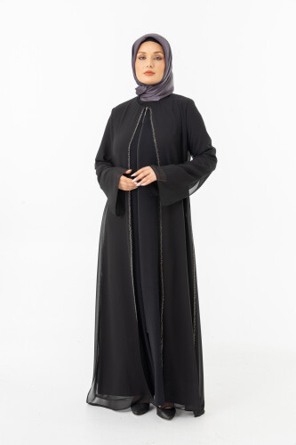 ZERENAY 5522-25 SİYAH KAZ AYAĞI JAKARLI ABAYA - 7