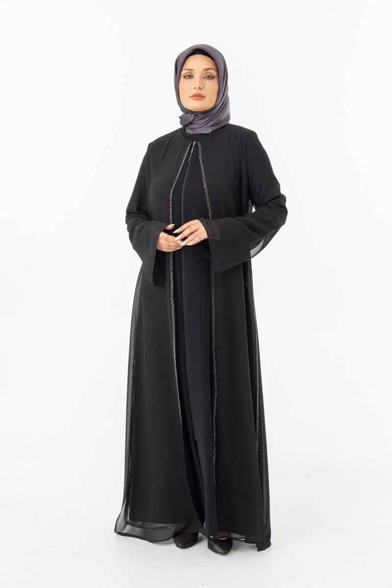 ZERENAY 5522-25 SİYAH KAZ AYAĞI JAKARLI ABAYA - 7