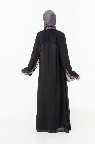 ZERENAY 5522-25 SİYAH KAZ AYAĞI JAKARLI ABAYA - 8