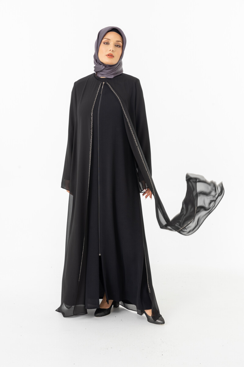 ZERENAY 5522-25 SİYAH KAZ AYAĞI JAKARLI ABAYA - 9