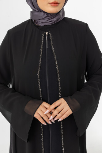 ZERENAY 5522-25 SİYAH KAZ AYAĞI JAKARLI ABAYA - 12