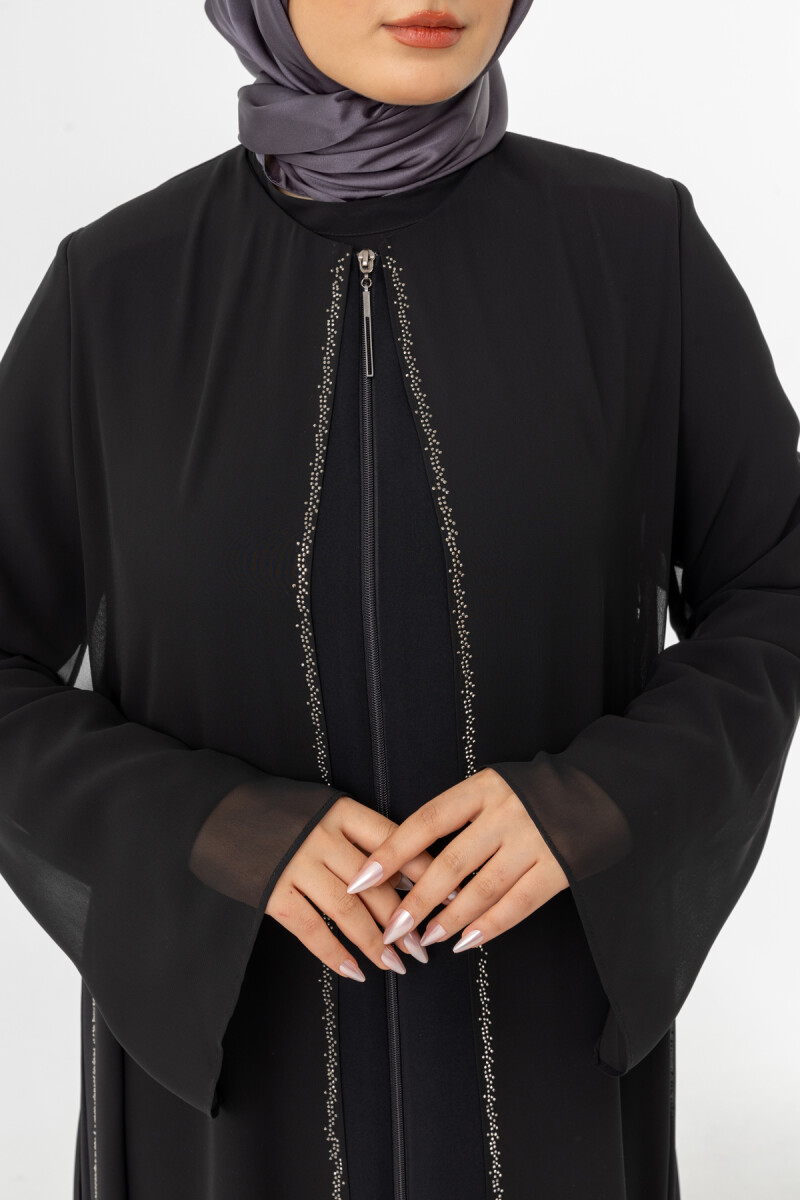 ZERENAY 5522-25 SİYAH KAZ AYAĞI JAKARLI ABAYA - 12