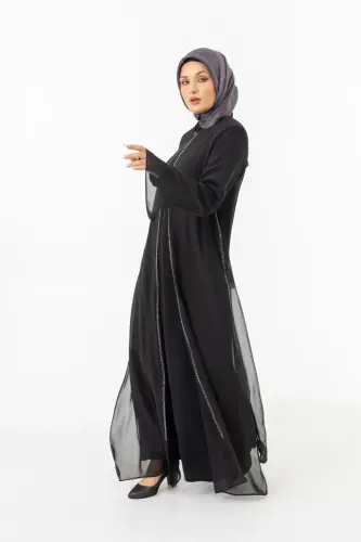 ZERENAY 5522-25 SİYAH KAZ AYAĞI JAKARLI ABAYA - 2