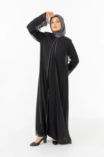 ZERENAY 5522-25 SİYAH KAZ AYAĞI JAKARLI ABAYA - 3