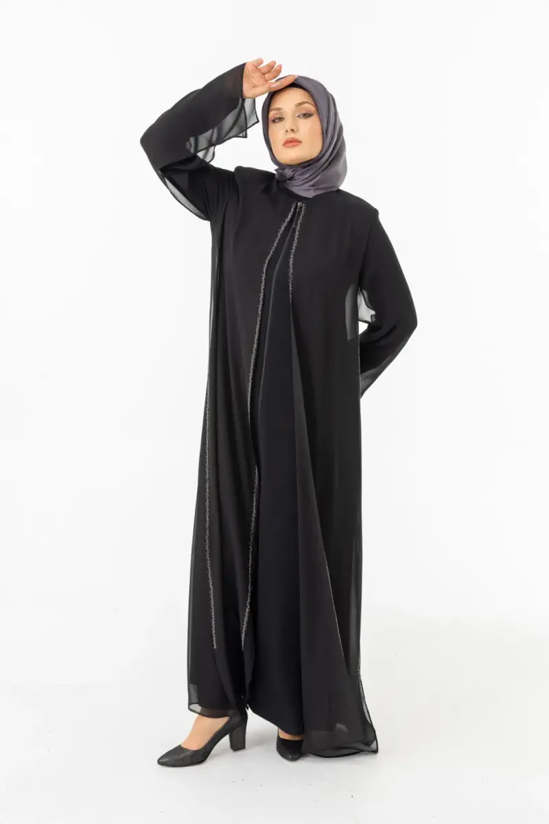 ZERENAY 5522-25 SİYAH KAZ AYAĞI JAKARLI ABAYA - 3
