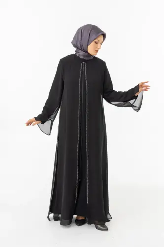 ZERENAY 5522-25 SİYAH KAZ AYAĞI JAKARLI ABAYA - 4