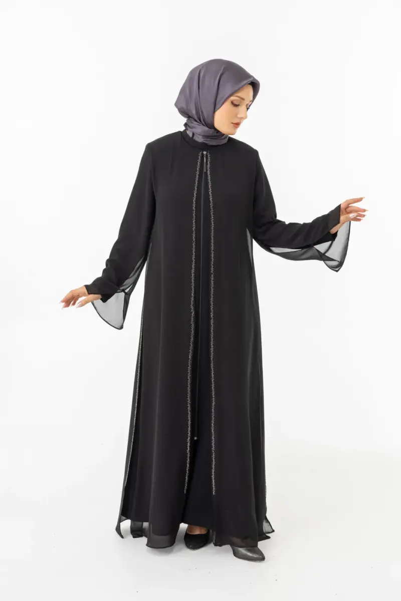 ZERENAY 5522-25 SİYAH KAZ AYAĞI JAKARLI ABAYA - 4