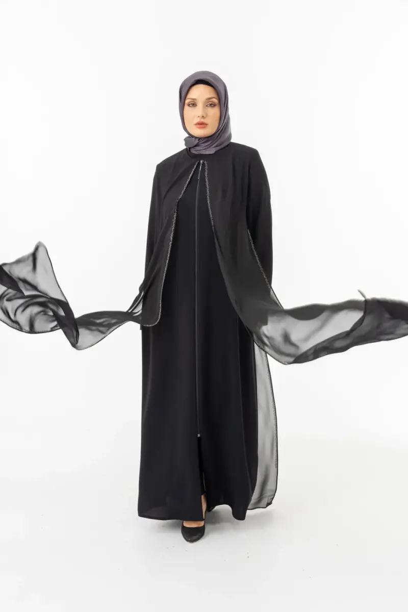 ZERENAY 5522-25 SİYAH KAZ AYAĞI JAKARLI ABAYA - 6