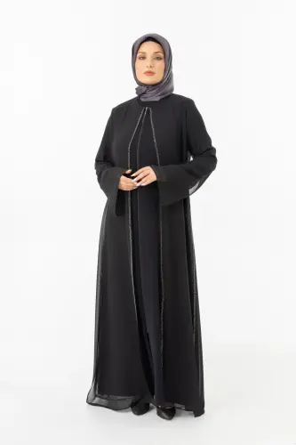 ZERENAY 5522-25 SİYAH KAZ AYAĞI JAKARLI ABAYA - 1