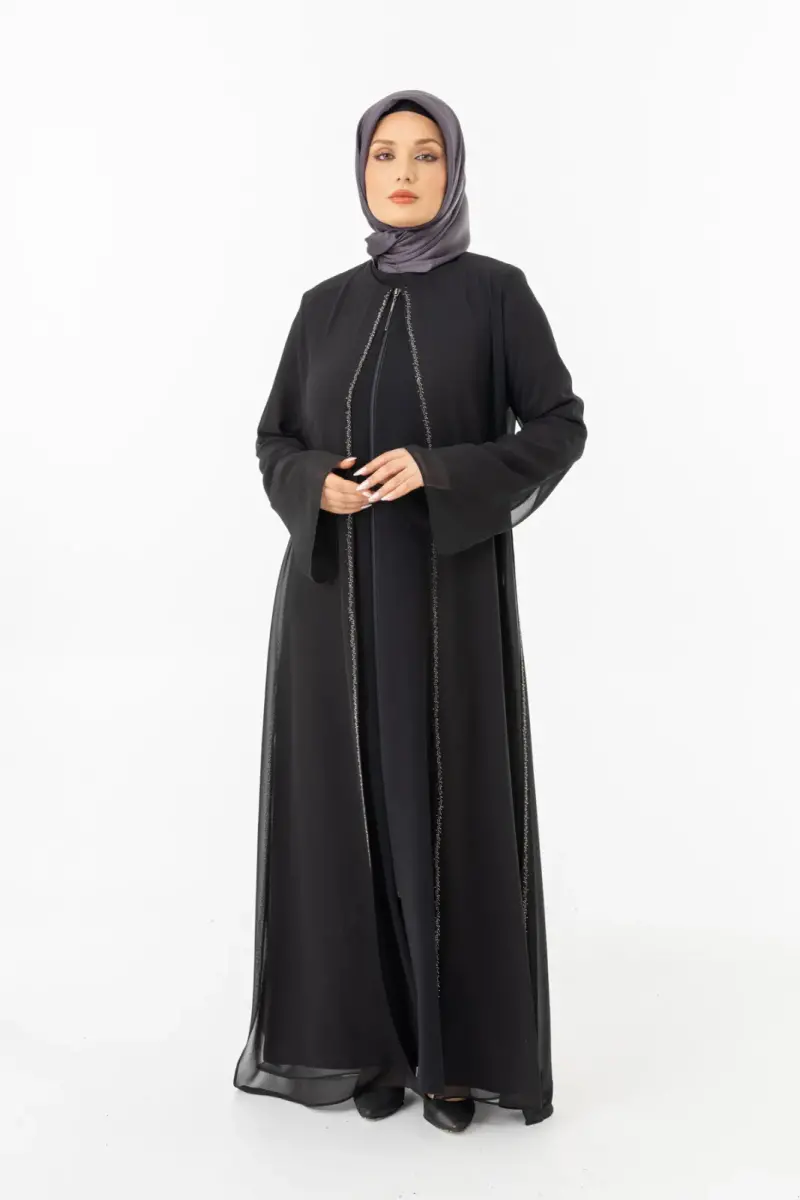 ZERENAY 5522-25 SİYAH KAZ AYAĞI JAKARLI ABAYA - 1