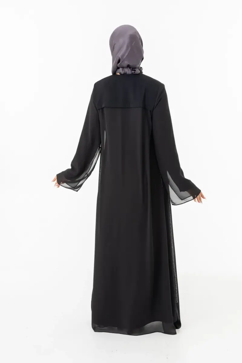 ZERENAY 5522-25 SİYAH KAZ AYAĞI JAKARLI ABAYA - 8
