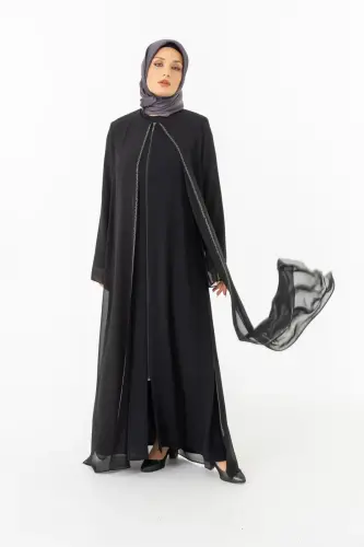 ZERENAY 5522-25 SİYAH KAZ AYAĞI JAKARLI ABAYA - 9