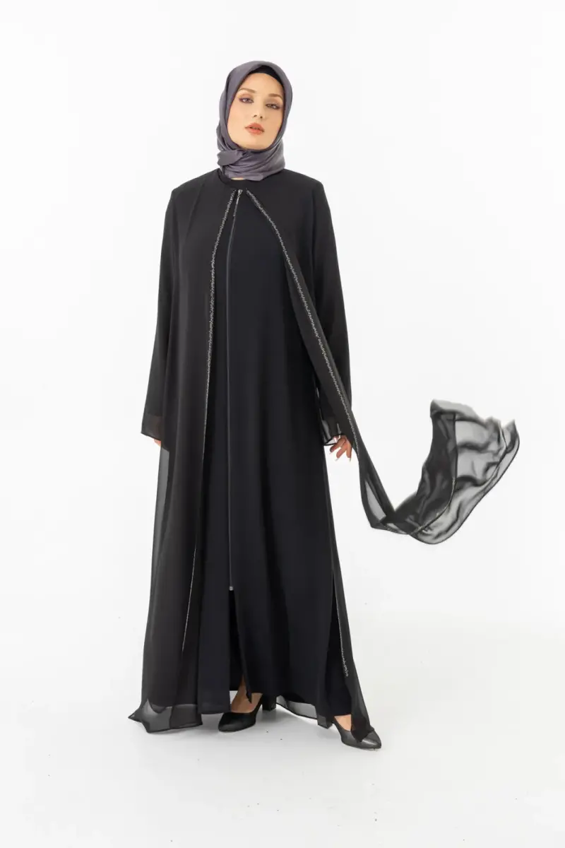 ZERENAY 5522-25 SİYAH KAZ AYAĞI JAKARLI ABAYA - 9