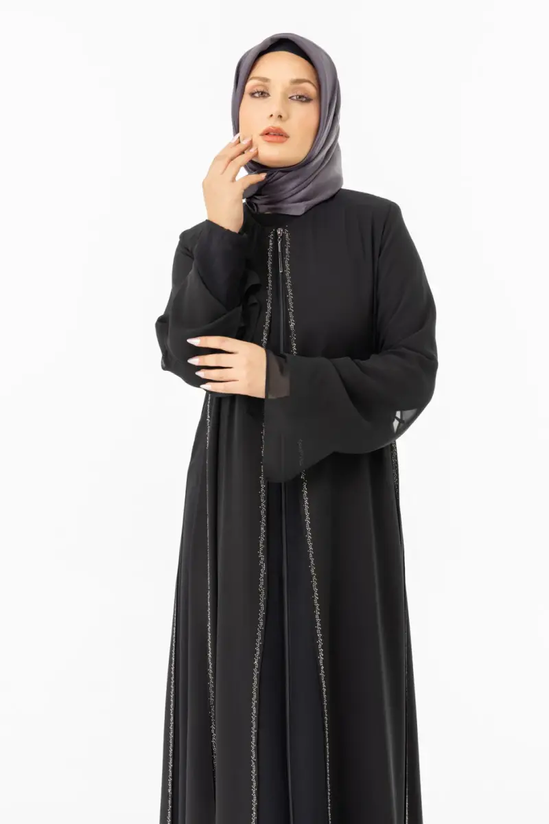 ZERENAY 5522-25 SİYAH KAZ AYAĞI JAKARLI ABAYA - 10