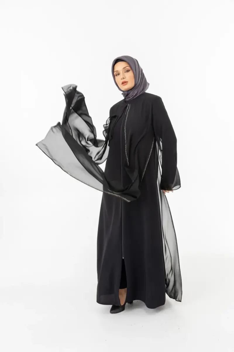 ZERENAY 5522-25 SİYAH KAZ AYAĞI JAKARLI ABAYA - 12
