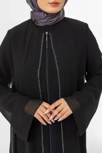 ZERENAY 5522-25 SİYAH KAZ AYAĞI JAKARLI ABAYA - 11
