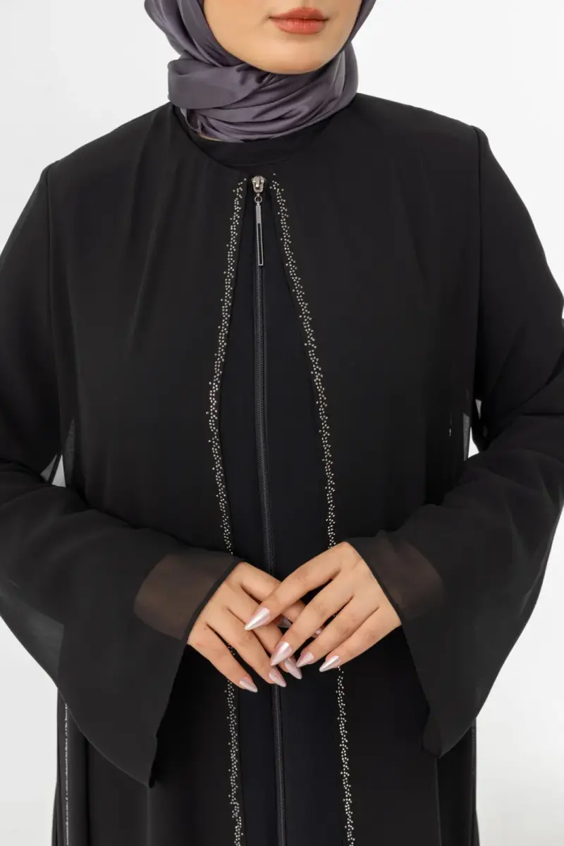 ZERENAY 5522-25 SİYAH KAZ AYAĞI JAKARLI ABAYA - 11